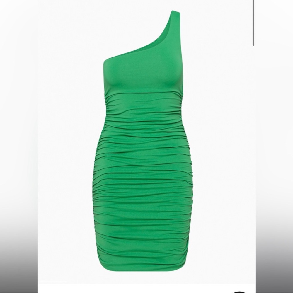 Babaton Beverly Contour Green Asymmetrical Ruched One Shoulder Dress